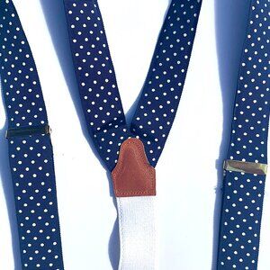 VTG Designer Navy w/White Polka Dots Grosgrain Suspenders Braces w/leather